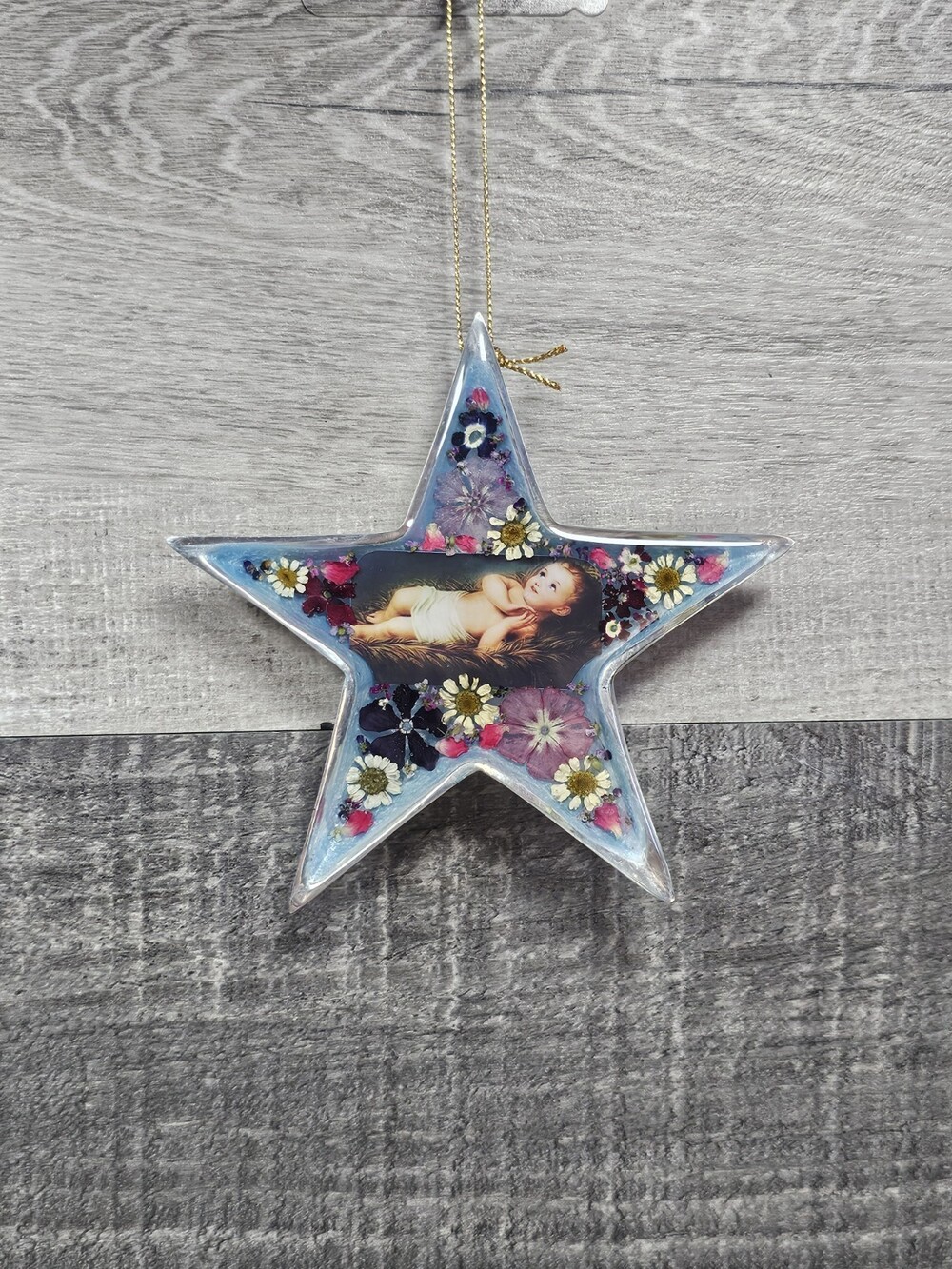 Star Santa Tinsel Metal Ornament Mexico Baby Jesus W Pressed Flowers Artisian